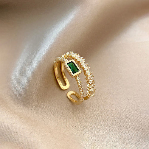 Anti-Tarnish Stainless Steel Gold Plated Green Emerald Studded Adjustable Ring - Wholesale