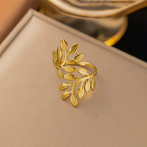 Anti-Tarnish Stainless Steel Gold Plated Leaf Themed Adjustable Ring - Wholesale