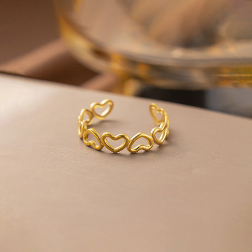 Anti-Tarnish Stainless Steel Gold Plated Heart Themed Adjustable Ring - Wholesale