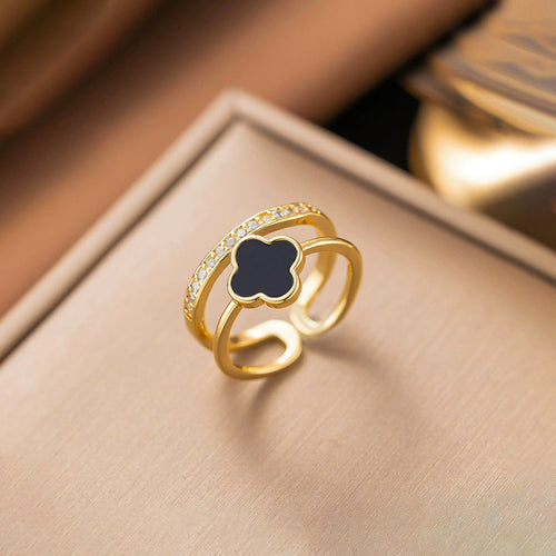 Anti-Tarnish Stainless Steel Gold Plated Clover Themed Adjustable Ring - Wholesale