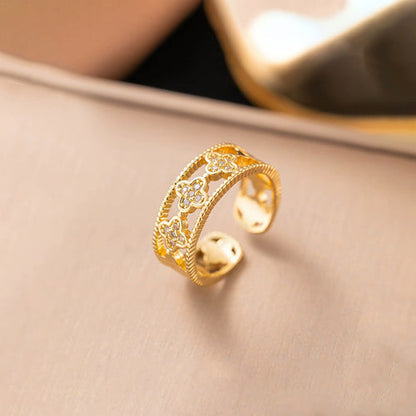 Anti-Tarnish Stainless Steel Gold Plated Clover Themed Adjustable Ring - Wholesale