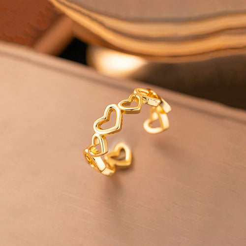 Anti-Tarnish Stainless Steel Gold Plated Heart Themed Adjustable Ring - Wholesale