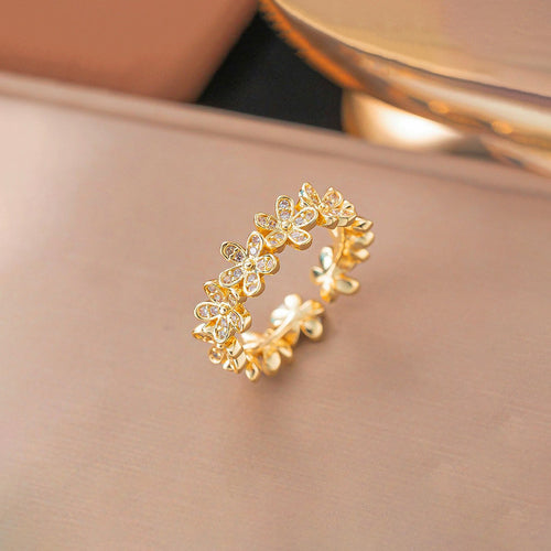 Anti-Tarnish Stainless Steel Gold Plated Floral Themed Adjustable Ring - Wholesale