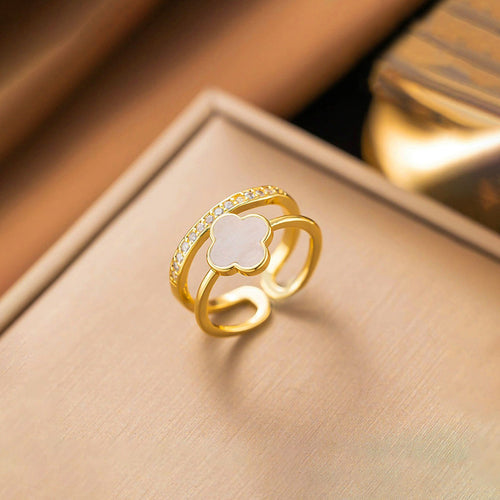 Anti-Tarnish Stainless Steel Gold Plated Clover Themed Adjustable Ring - Wholesale