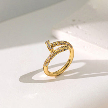 Anti-Tarnish Stainless Steel Gold Plated Nail Shaped AD Studded Ring - Wholesale