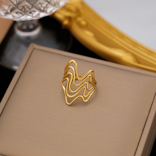 Anti-Tarnish Stainless Steel Gold Plated Wave Style Contemporary Ring - Wholesale