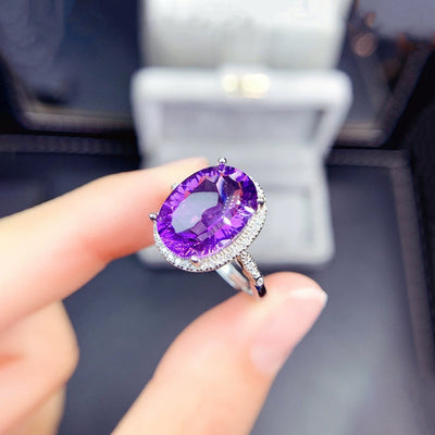 Anti-Tarnish Stainless Steel Silver-Plated AD Crushed Ice Cut Purple Oval Finger Ring - Wholesale