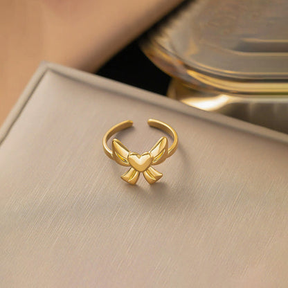 Anti-Tarnish Gold-Plated Bow Themed Adjustable Stainless Steel Ring - Wholesale