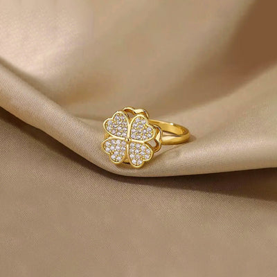 Anti-Tarnish Stainless Steel Gold-Plated Clover Themed Rotatable Adjustable Ring - Wholesale
