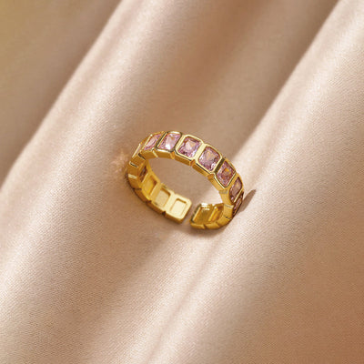 Anti-Tarnish Stainless Steel Gold-Plated Pink Square ADs Adjustable Ring - Wholesale