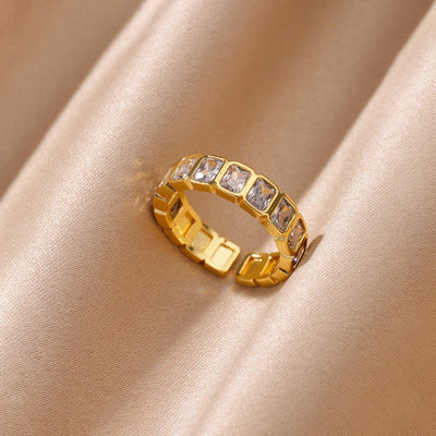 Anti-Tarnish Stainless Steel Gold-Plated White Square ADs Adjustable Ring - Wholesale