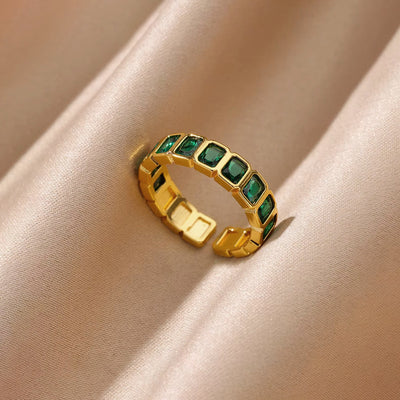 Anti-Tarnish Stainless Steel Gold-Plated Green Square ADs Adjustable Ring - Wholesale