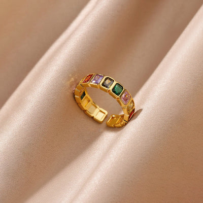 Anti-Tarnish Stainless Steel Gold-Plated Multicolor Square ADs Adjustable Ring - Wholesale