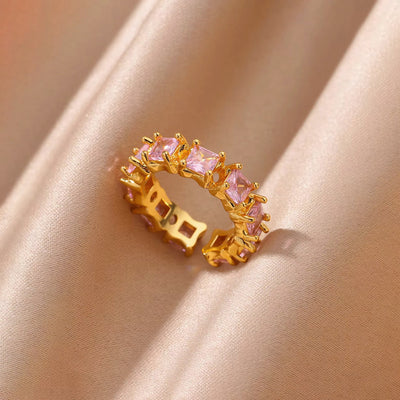 Anti-Tarnish Stainless Steel Gold-Plated Multicolor Square ADs Adjustable Ring - Wholesale