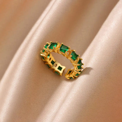 Anti-Tarnish Stainless Steel Gold-Plated Green Square ADs Adjustable Ring - Wholesale