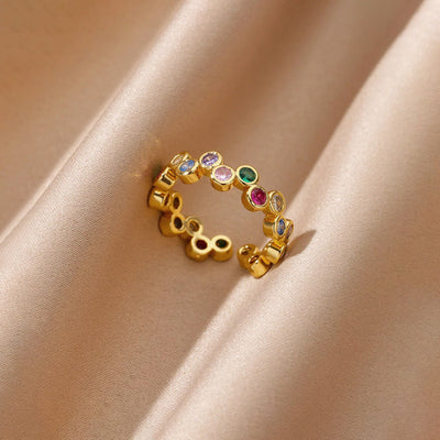 Anti-Tarnish Stainless Steel Gold-Plated Multicolor Round ADs Adjustable Ring - Wholesale
