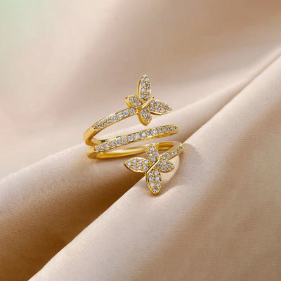 Anti-Tarnish Stainless Steel Gold-Plated Butterfly Shaped Adjustable Ring - Wholesale