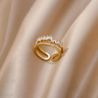 Anti-Tarnish Stainless Steel Gold-Plated American Diamond Studded Adjustable Ring - Wholesale