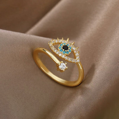 Anti-Tarnish Stainless Steel Gold-Plated Contemporary Evil Eye Adjustable Ring - Wholesale
