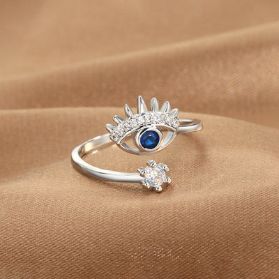 Anti-Tarnish Stainless Steel Silver-Plated Evil Eye Themed Adjustable Ring - Wholesale