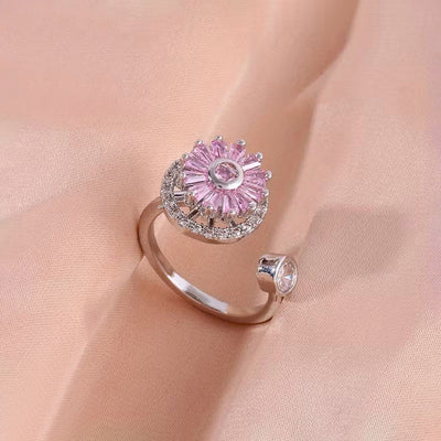 Anti-Tarnish Stainless Steel Silver-Plated Round Pink Rotatable Adjustable Ring - Wholesale