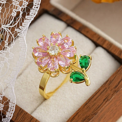 Anti-Tarnish Stainless Steel Gold-Plated Floral Multicolor Rotatable Adjustable Ring - Wholesale