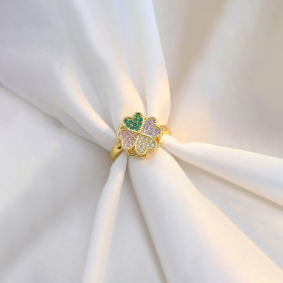 Anti-Tarnish Stainless Steel Gold-Plated Clover Multicolor Rotatable Adjustable Ring - Wholesale