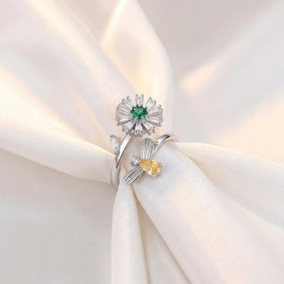 Anti-Tarnish Stainless Steel Silver-Plated Floral Multicolor Rotatable Adjustable Ring - Wholesale