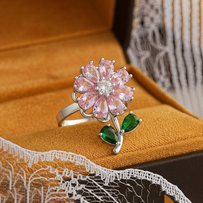 Anti-Tarnish Stainless Steel Silver-Plated Floral Multicolor Rotatable Adjustable Ring - Wholesale