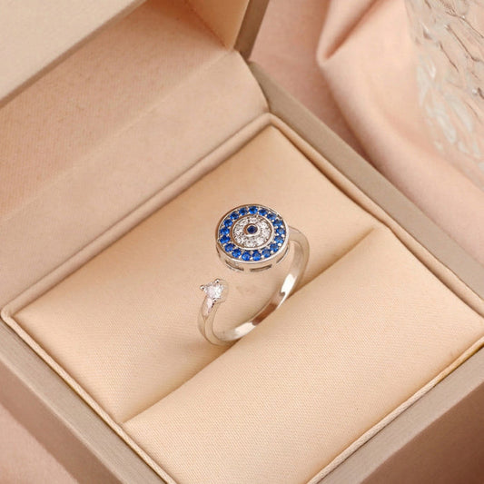 Anti-Tarnish Stainless Steel Silver-Plated Multicolor Evil Eye Rotatable Adjustable Ring - Wholesale