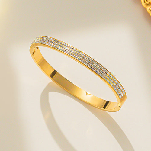 Anti-Tarnish Stainless Steel Gold-Plated Triple Lines American Diamond Bracelet - Wholesale