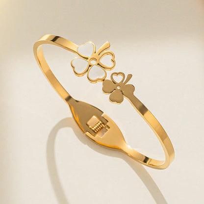 Anti-Tarnish Stainless Steel Gold Plated Mother of Pearls Dual Flower Openable Floral Bracelet - Wholesale