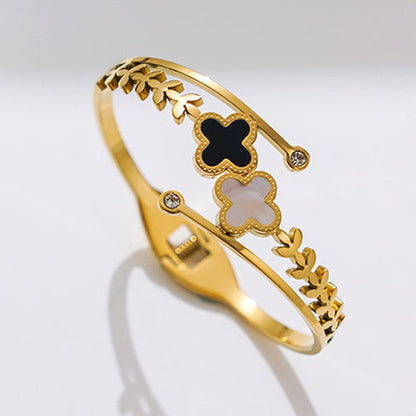 Anti-Tarnish Stainless Steel Gold Plated Mother of Pearls Two Clover Leaf Irish Design Bracelet - Wholesale