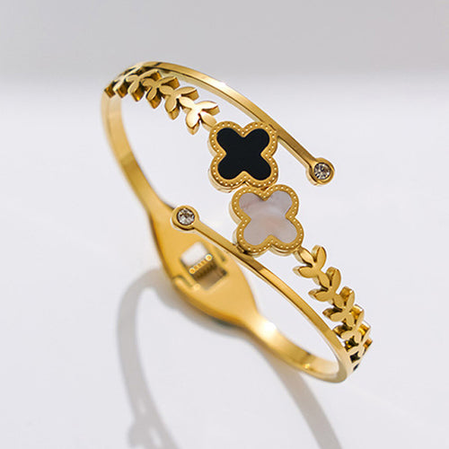 Anti-Tarnish Stainless Steel Gold Plated Mother of Pearls Two Clover Leaf Irish Design Bracelet - Wholesale