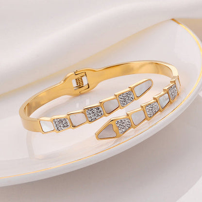 Anti-Tarnish Stainless Steel Gold Plated Mother of Pearl Snake Styled AD Studded Bracelet - Wholesale