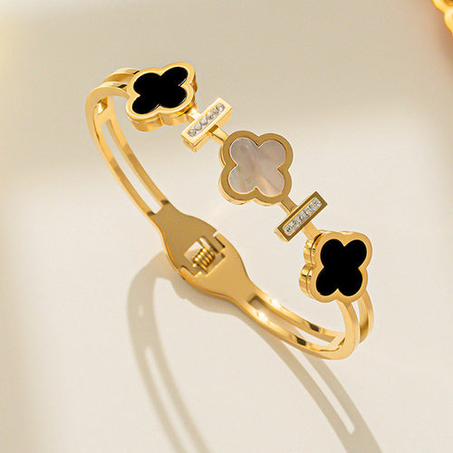 Anti-Tarnish Stainless Steel Gold Plated Mother of Pearls Three Clover Leaf Irish Design Bracelet - Wholesale