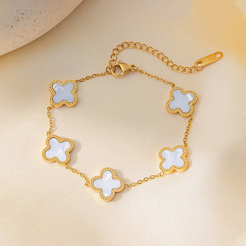 Anti-Tarnish Stainless Steel Gold-Plated White Clover Mother of Pearl Link Bracelet - Wholesale