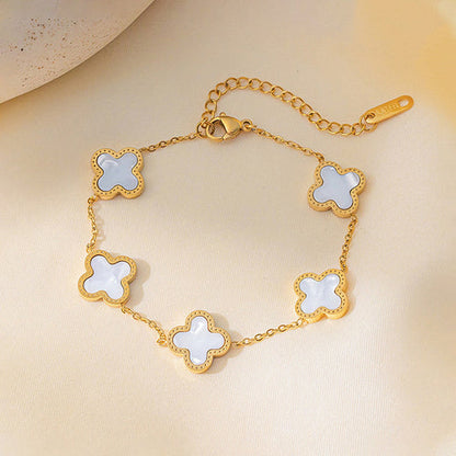 Anti-Tarnish Stainless Steel Gold-Plated White Clover Mother of Pearl Link Bracelet - Wholesale