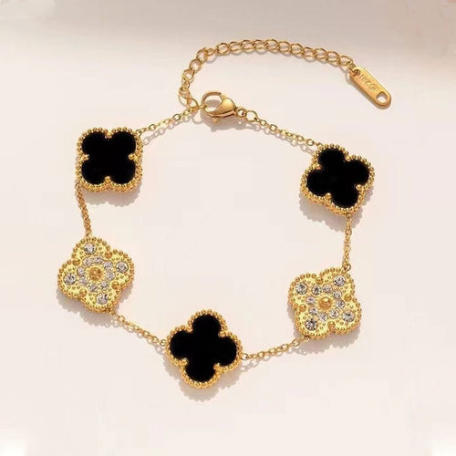 Anti-Tarnish Stainless Steel Gold-Plated Multicolor AD Studded Clover Link Bracelet - Wholesale