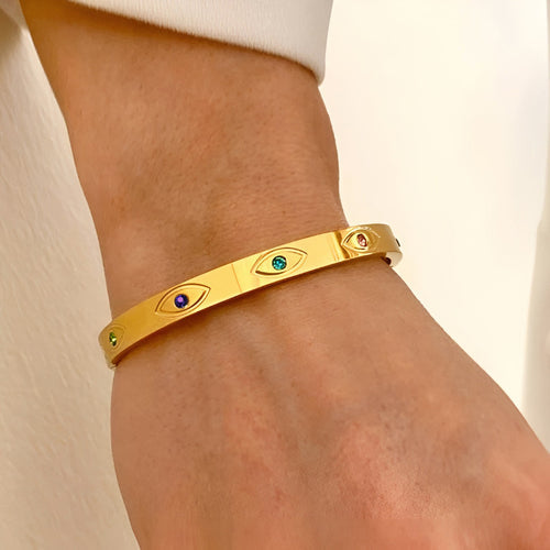 Anti-Tarnish Gold Plated Stainless Steel Evil Eye Themed Bangle Style Bracelet - Wholesale