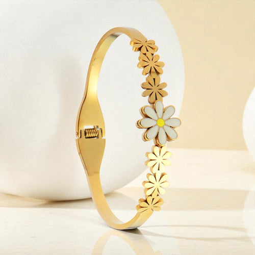 Anti-Tarnish Gold Plated Stainless Steel Floral Themed Bangle Style Bracelet - Wholesale