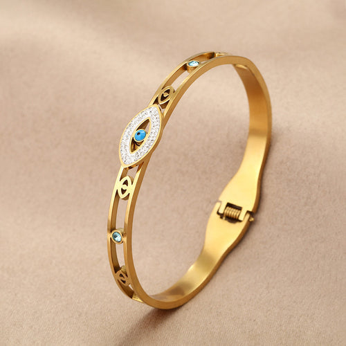 Anti-Tarnish Gold Plated Stainless Steel Evil Eye Themed Bangle Style Bracelet - Wholesale