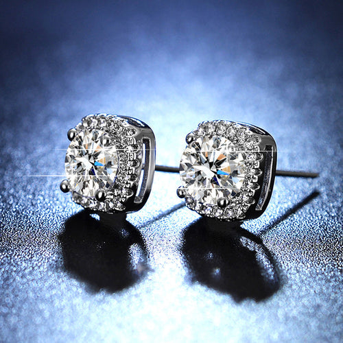Anti-Tarnish Silver Plated Crystal Studded Geometrical Solitaire Stud Earrings - Wholesale