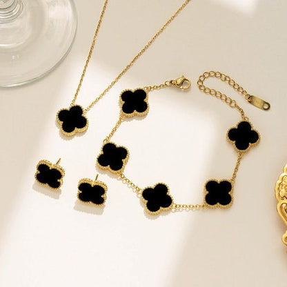 Anti-Tarnish Stainless Steel Gold Plated Black Clover Jewellery Set - Wholesale