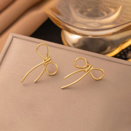 Anti-Tarnish Gold Plated Stainless Steel Bow Themed Drop Earrings - Wholesale