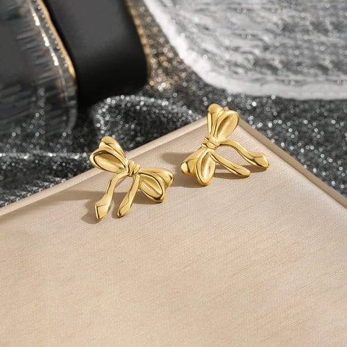 Anti-Tarnish Gold-Plated Stainless Steel Bow Themed Earrings - Wholesale