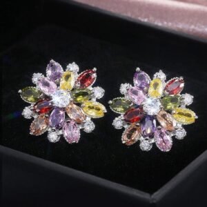 Silver Plated Anti Tarnish AD Studded Multicolor Floral Silver Stud Earrings