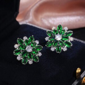 Wholesale green floral stud earrings with American diamonds - anti-tarnish silver