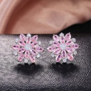 Wholesale pink floral stud earrings with American diamonds - anti-tarnish silver
